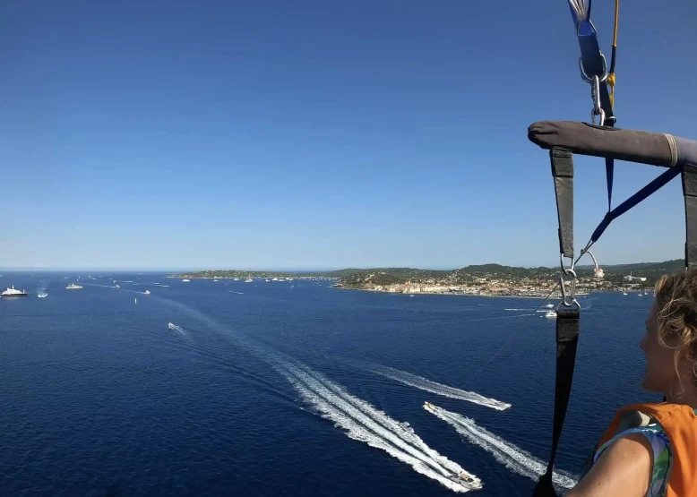 View over the bay from a lofty height with parachute flights at Riviera Water Sports in St. Tropez on the Cote d Azur in France.