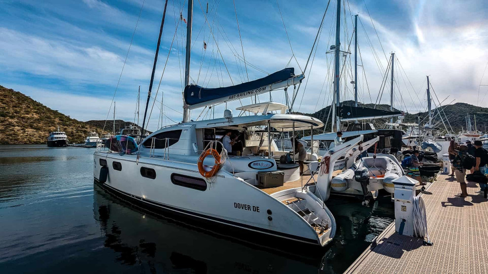 - Sail away to Paradise: Discovering the Hidden Gem of Honeymoon Beach in Baja California Sur Catamaran Bel Gato at Marina Puerto Escondido in Baja California Sur, Mexico.