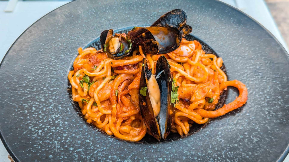 Seafood pasta at Five M Restaurant, Bansko, Bulgaria.