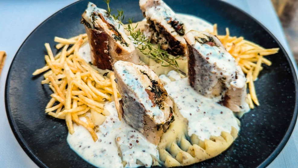 Chicken roulade at Five M Restaurant, Bansko, Bulgaria.