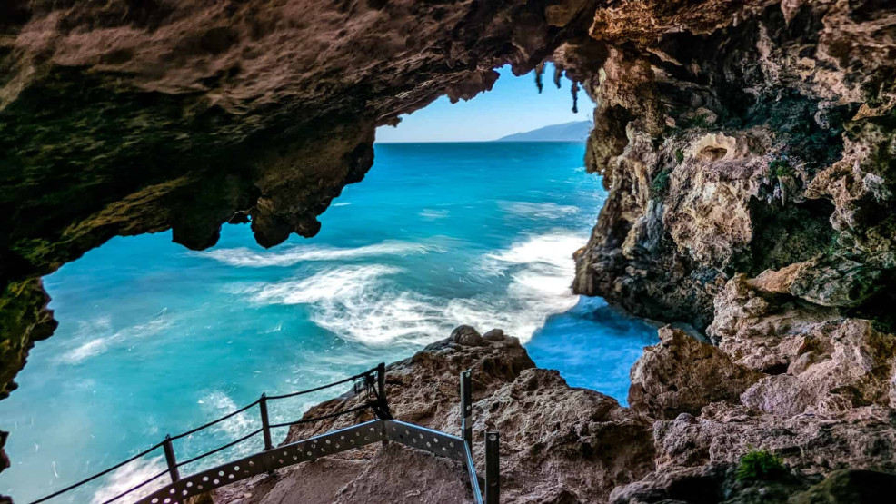 View from the sea cave Grotta del Bue Marino in Sardinia, Italy.