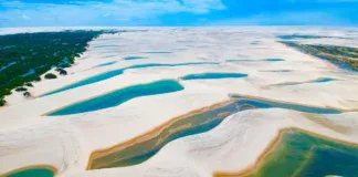 A Guide to Lençóis Maranhenses National Park, Brazil Aerial view onto the dunes of Lencois Maranhenses National Park from a Light Aircraft Flight.