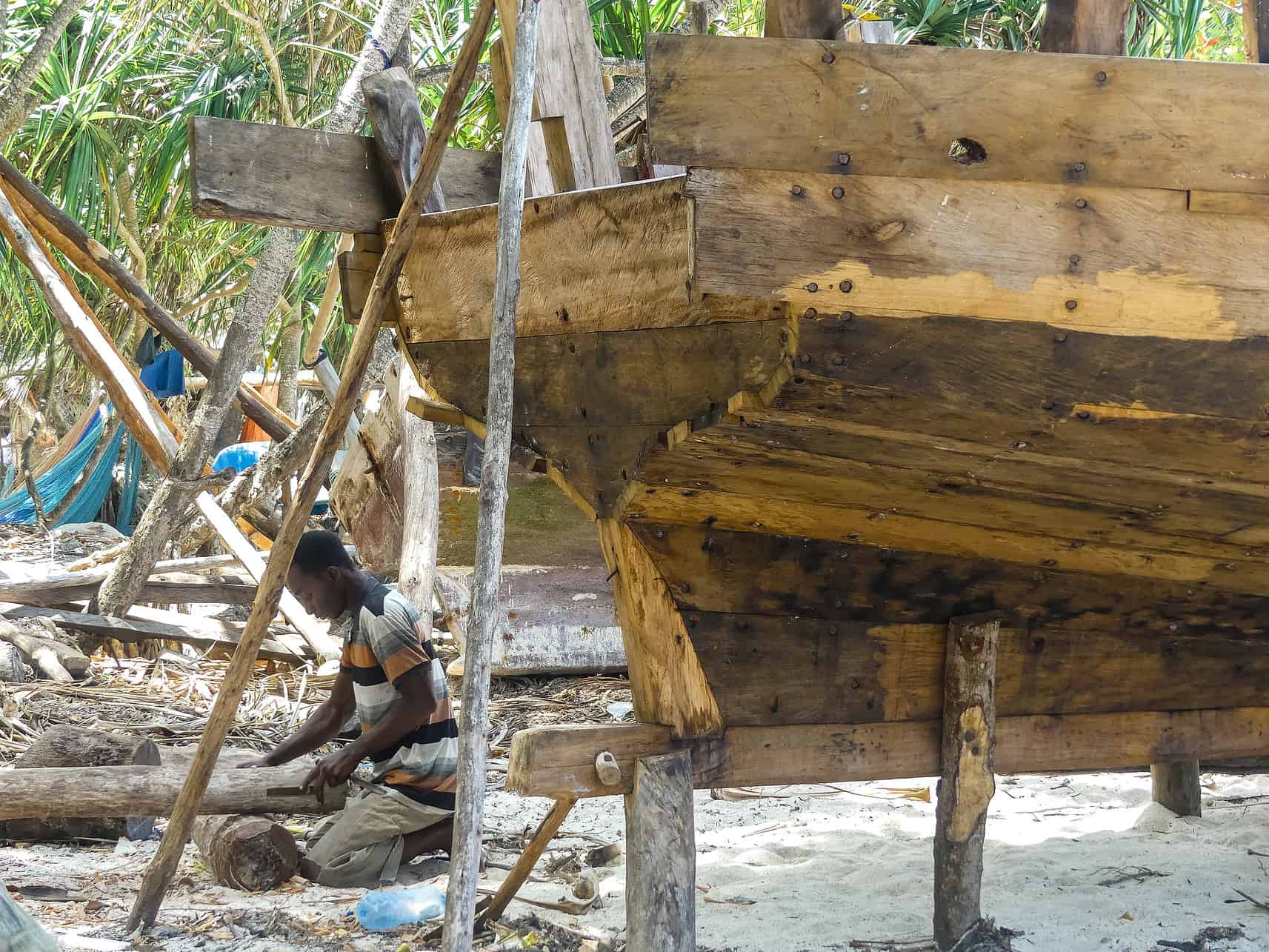 Dhow production at the beach in Nungwi, Zanzibar, Tanzania.