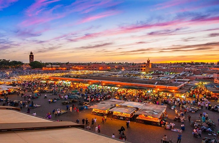 Discover Marrakech: A Treasure Trove of Activities and Attractions Food stalls at the Djemaa el-Fna at sunset in Marrakech, Morocco.