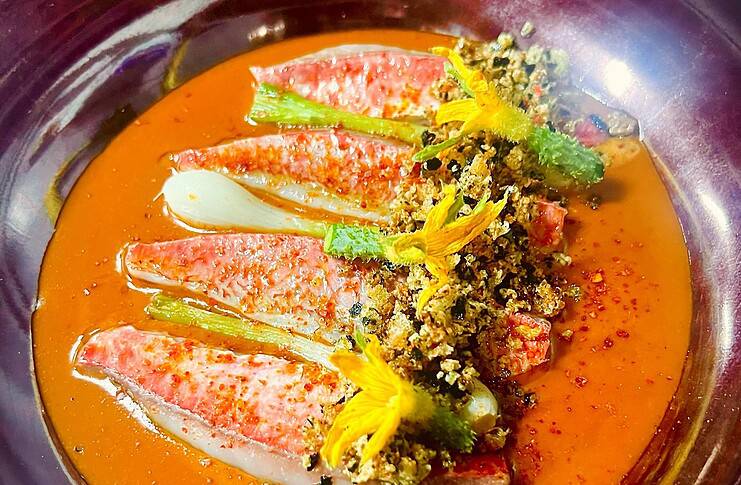 Good Restaurants Near Major Attractions in Paris Red mullet in crispy seaweed breadcrumbs, vegetable tian & fish soup at Tomy&Co in Paris, France.