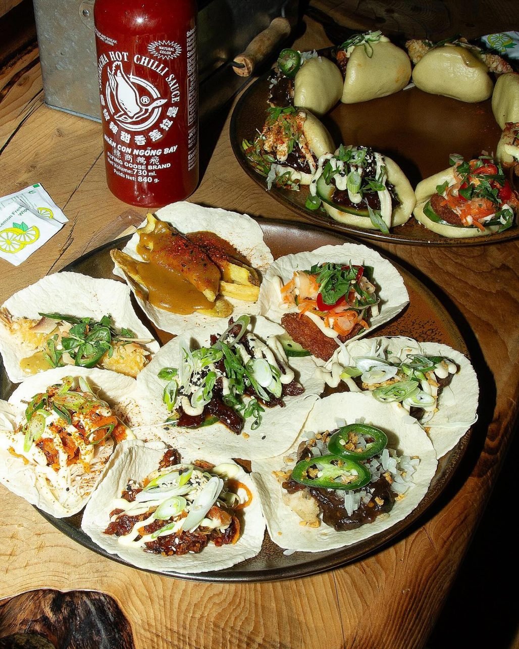 Bao buns and tacos at Wolf at the Door in Manchester, UK.