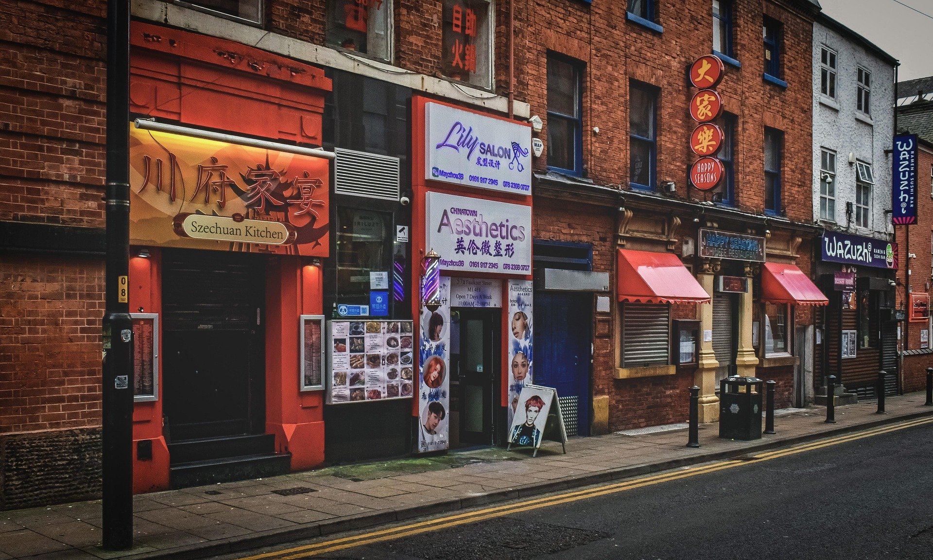 Shops in Chinatown, Manchester, UK.