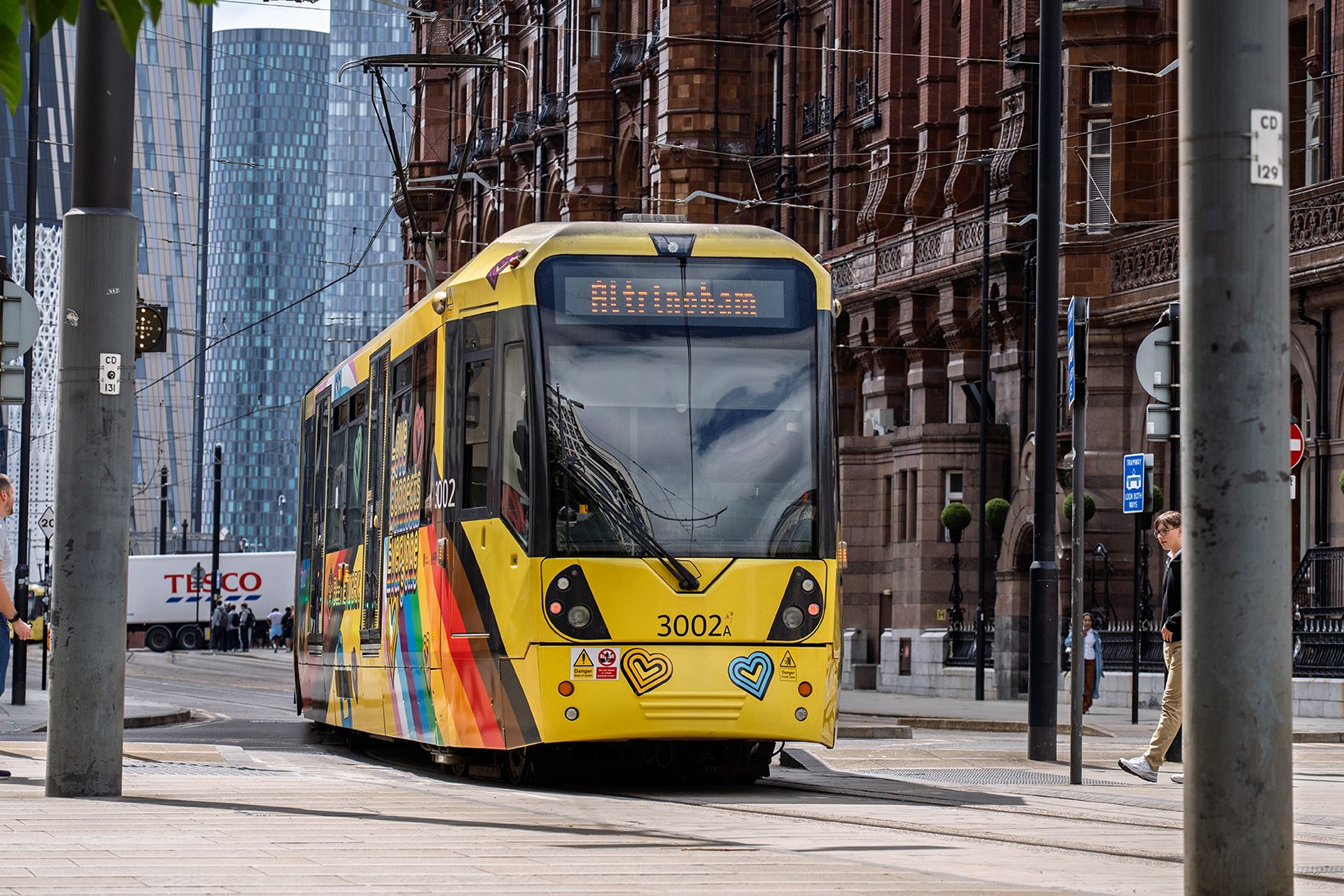Tram of the Bee Network in Manchester, UK.