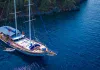 Kekova Blue Cruise Guide: Cabin Charter vs Private Gulet Explained Private gulet charter in Fethiye surrounded by pine forests and turquoise water.