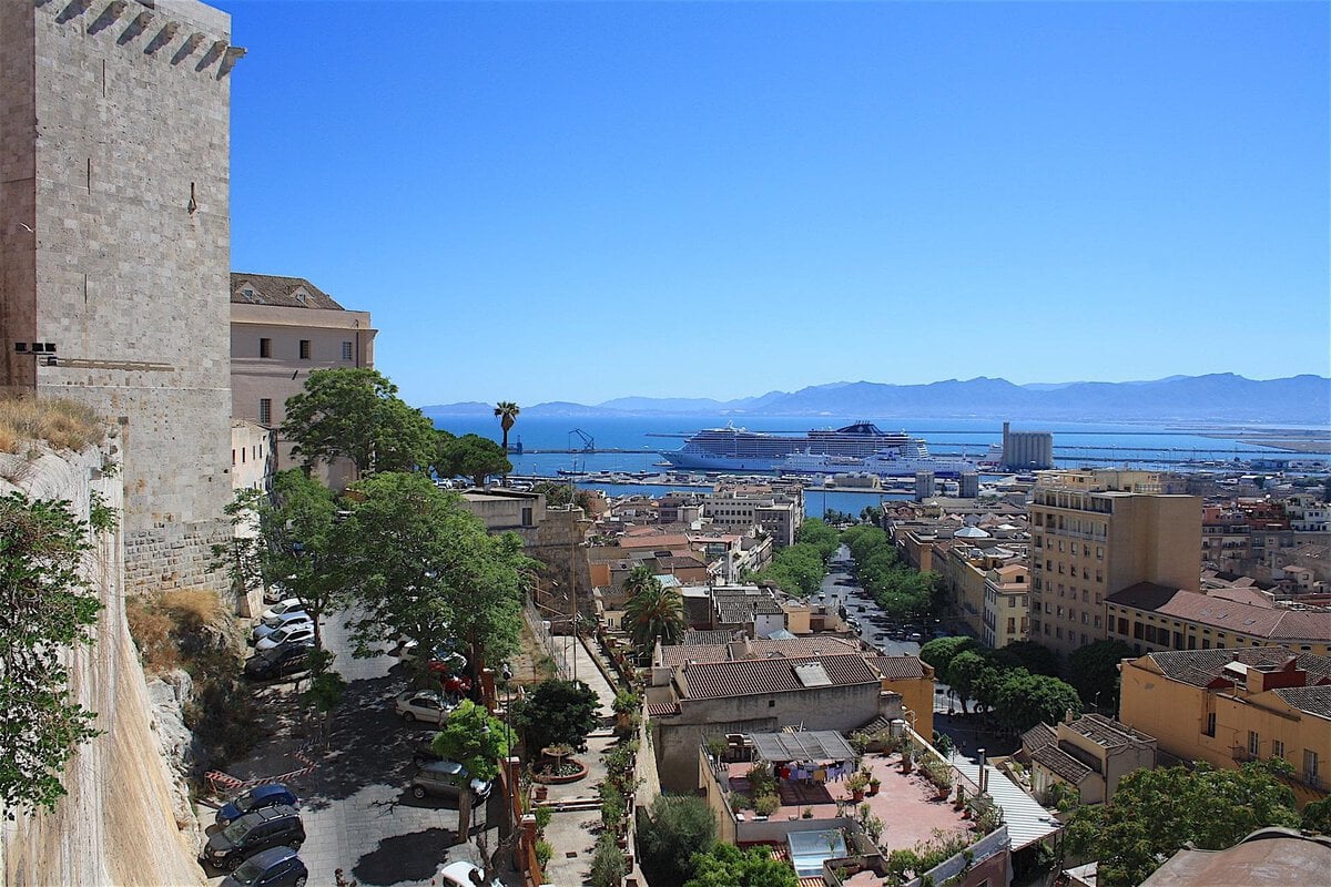 View onto the port of Cagliari from Bastione Santa Croce, Italy