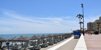 Where to Slow Down When Visiting Fuengirola Wide view of the sun-drenched Paseo Maritimo beach promenade and sandy coastline in Fuengirola, Costa del Sol.