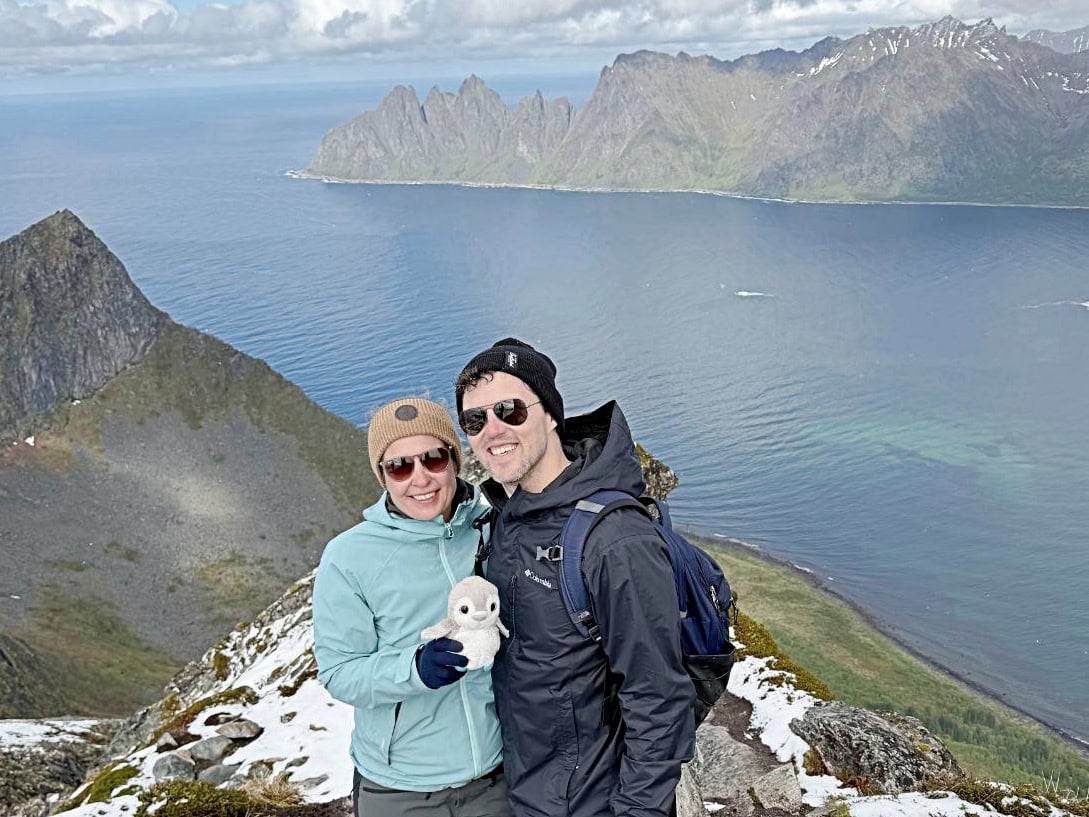 Eli and Jake from Penguin Trampoline Travel Blog hiking on a Northern Norway trip