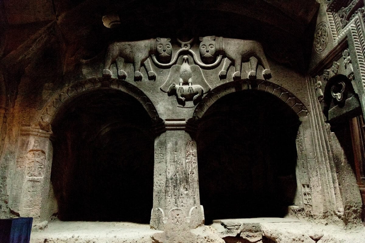 - Seven Days in Armenia, Where the Past Is Still in Everyday Use Geghard interior, rock-cut chambers, Armenia.