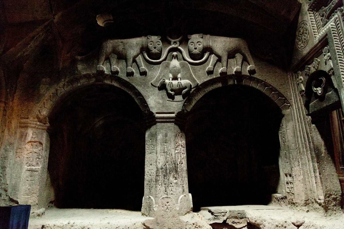 Geghard interior, rock-cut chambers, Armenia.