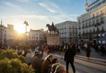 Eating Through Madrid’s Old Quarter in Three Days Sun peaking over buildings in Puerta del Sol, Madrid, Spain