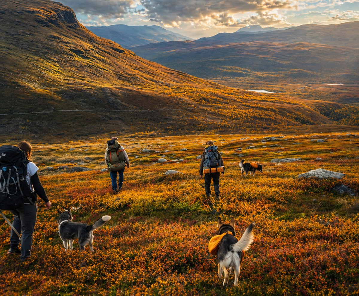 hiking with huskies in abisko - An Evening Walk With Huskies Hikers and huskies exploring the golden autumn mountain landscape in Swedish Lapland.