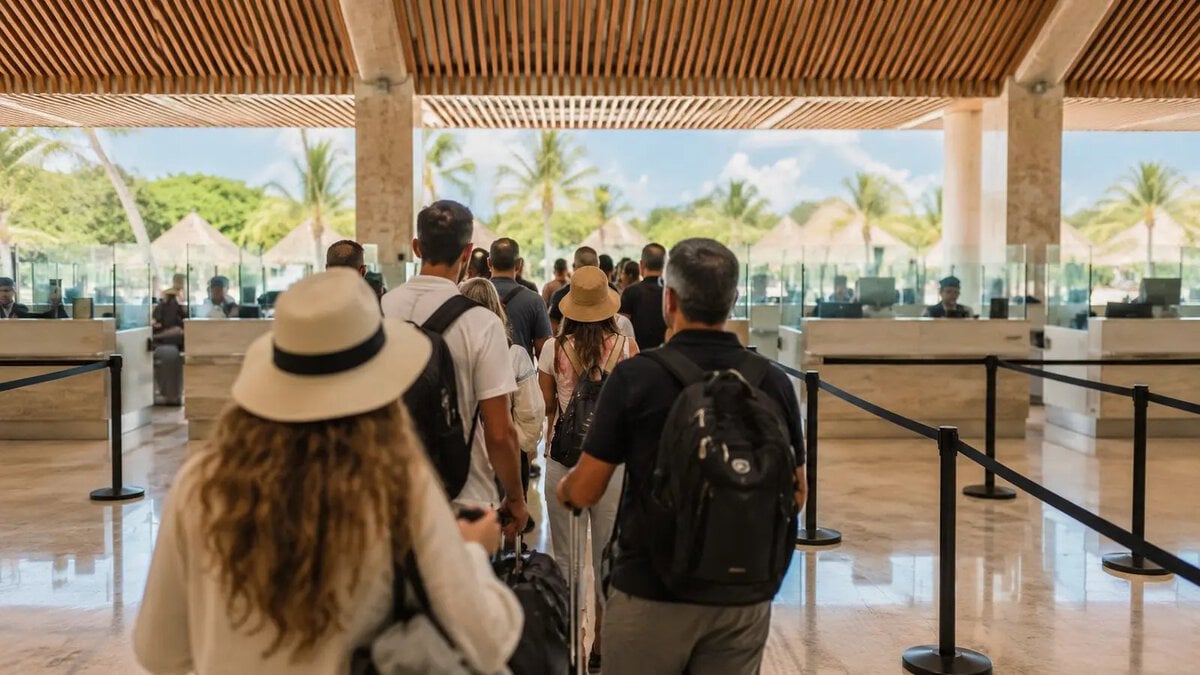 Travelers queuing at immigration in Punta Cana airport in high season
