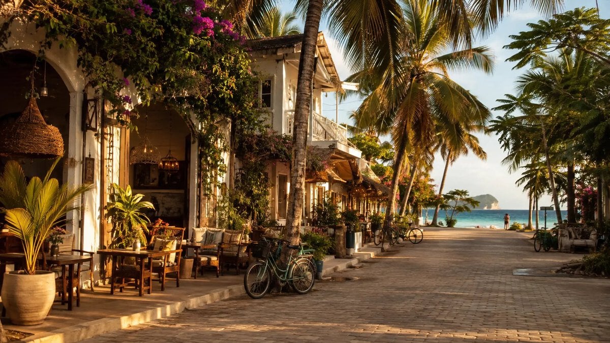 Beach road with cafés in Las Terrenas on the Samaná peninsula